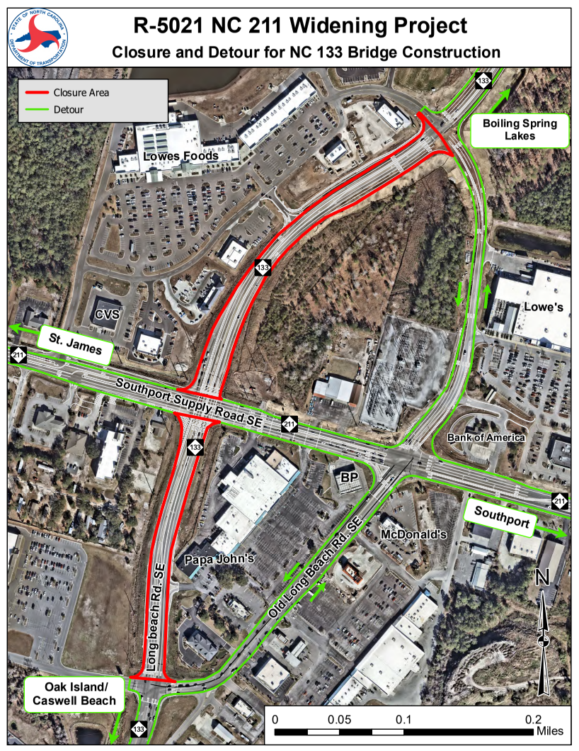 Detour map for the road closure on NC 133 for improvements related to the NC 211 Widening Project.