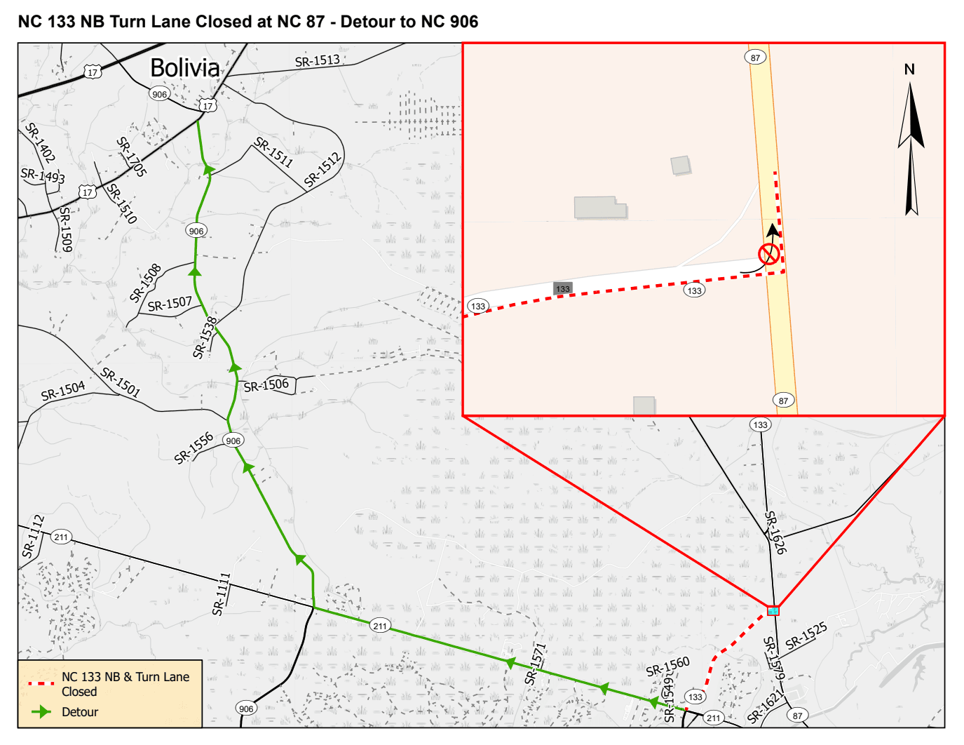 NCDOT NC133 Detour Map 9-25-2024