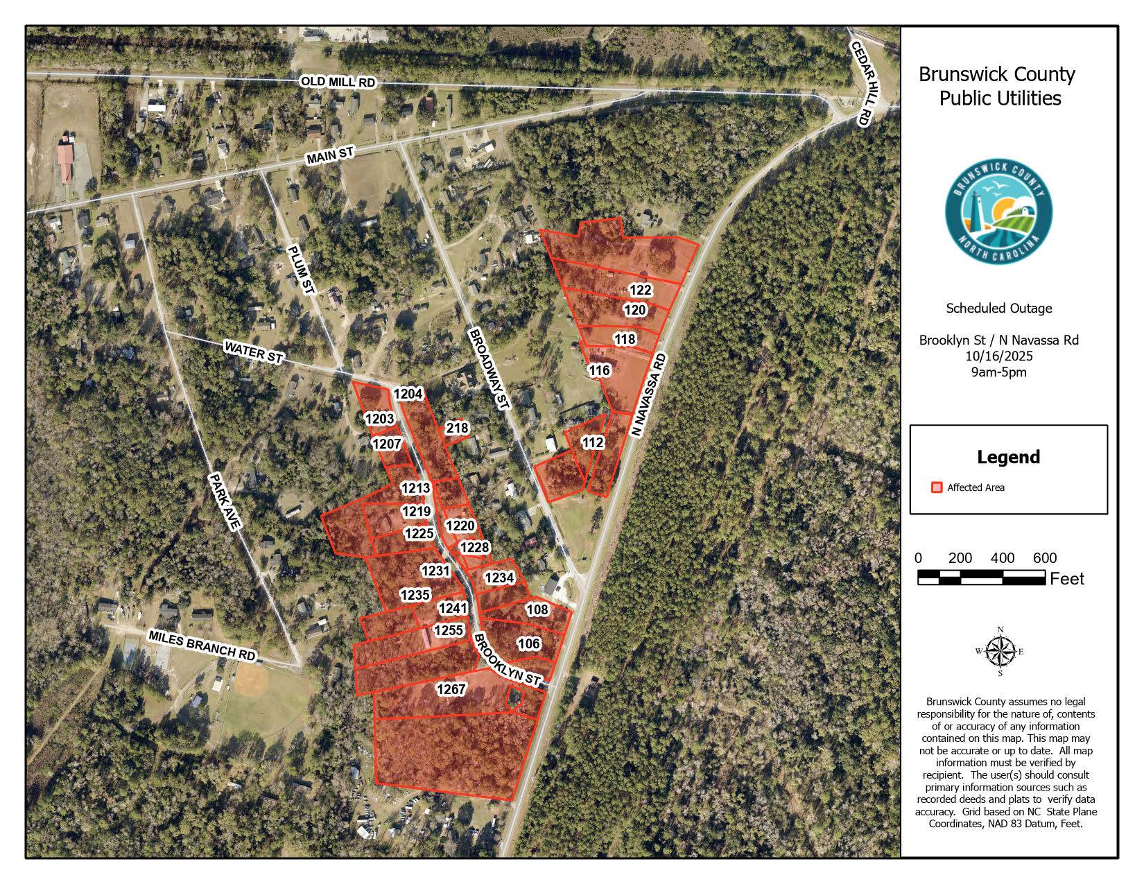Brooklyn St and Navassa Rd - SCHEDULED OUTAGE - 20251016